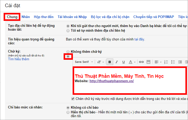 Tại phần Chữ ký, đánh dấu vào ô bên dưới Không có chữ ký và nhập nội dung chữ ký vào ô văn bản