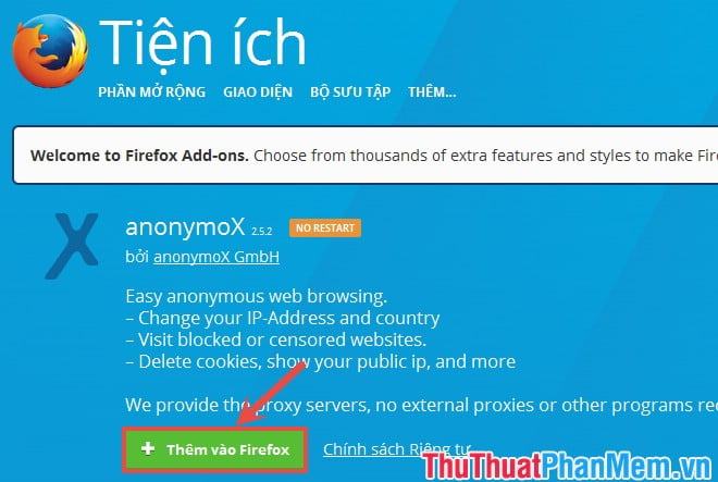 Nhấn Add to Firefox để thêm add-on anonymoX