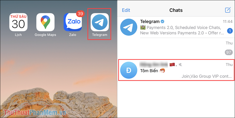 Mở ứng dụng Telegram và chọn nhóm bạn muốn xem nội dung trên đó