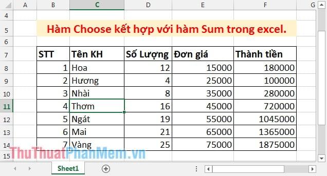 Hàm Choose kết hợp với hàm Sum trong Excel