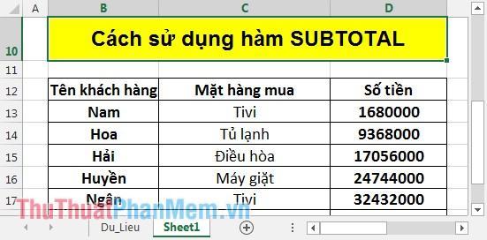 Hàm SUBTOTAL – Hàm tính toán cho một nhóm trong danh sách trong Excel
