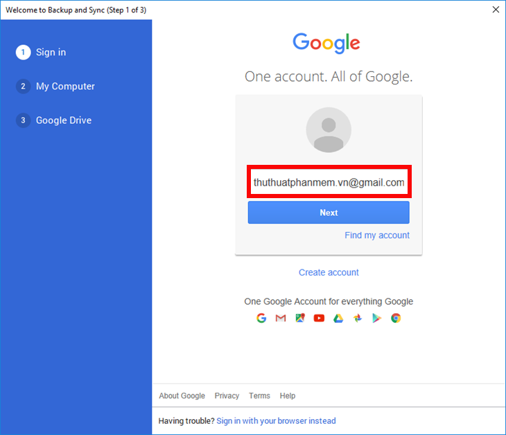 Đăng nhập tài khoản Google tại bước Sign in