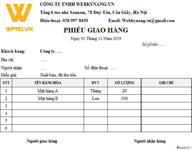 Mẫu phiếu giao hàng đẹp, rõ nét, mới nhất