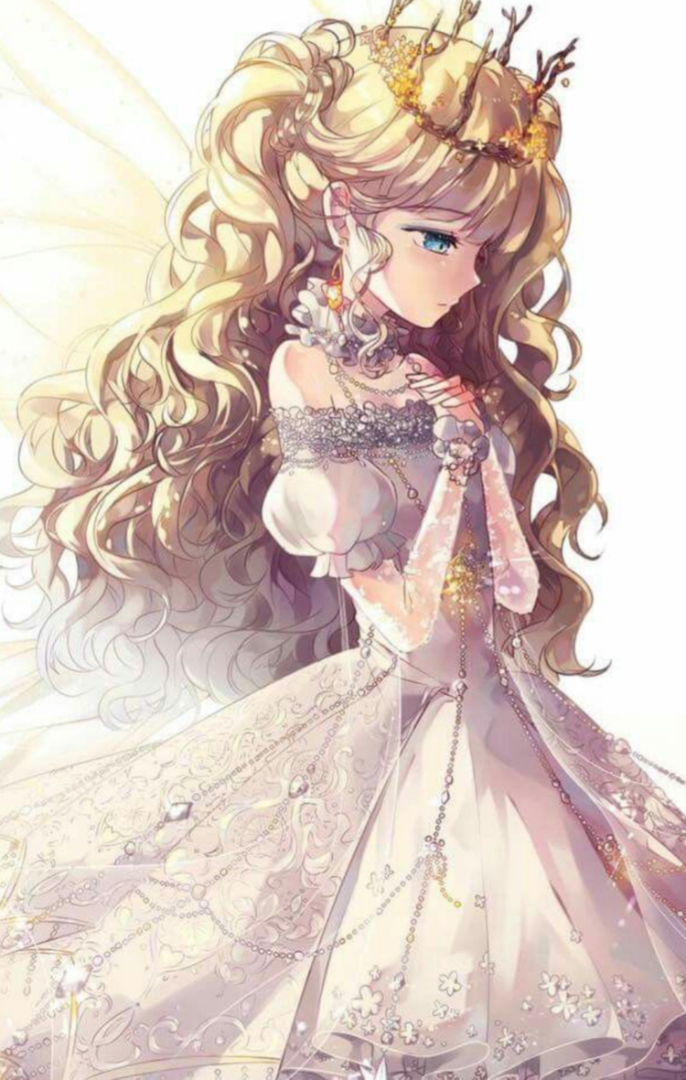 Tranh anime công chúa tóc vàng trong bộ váy trắng với đôi mắt buồn