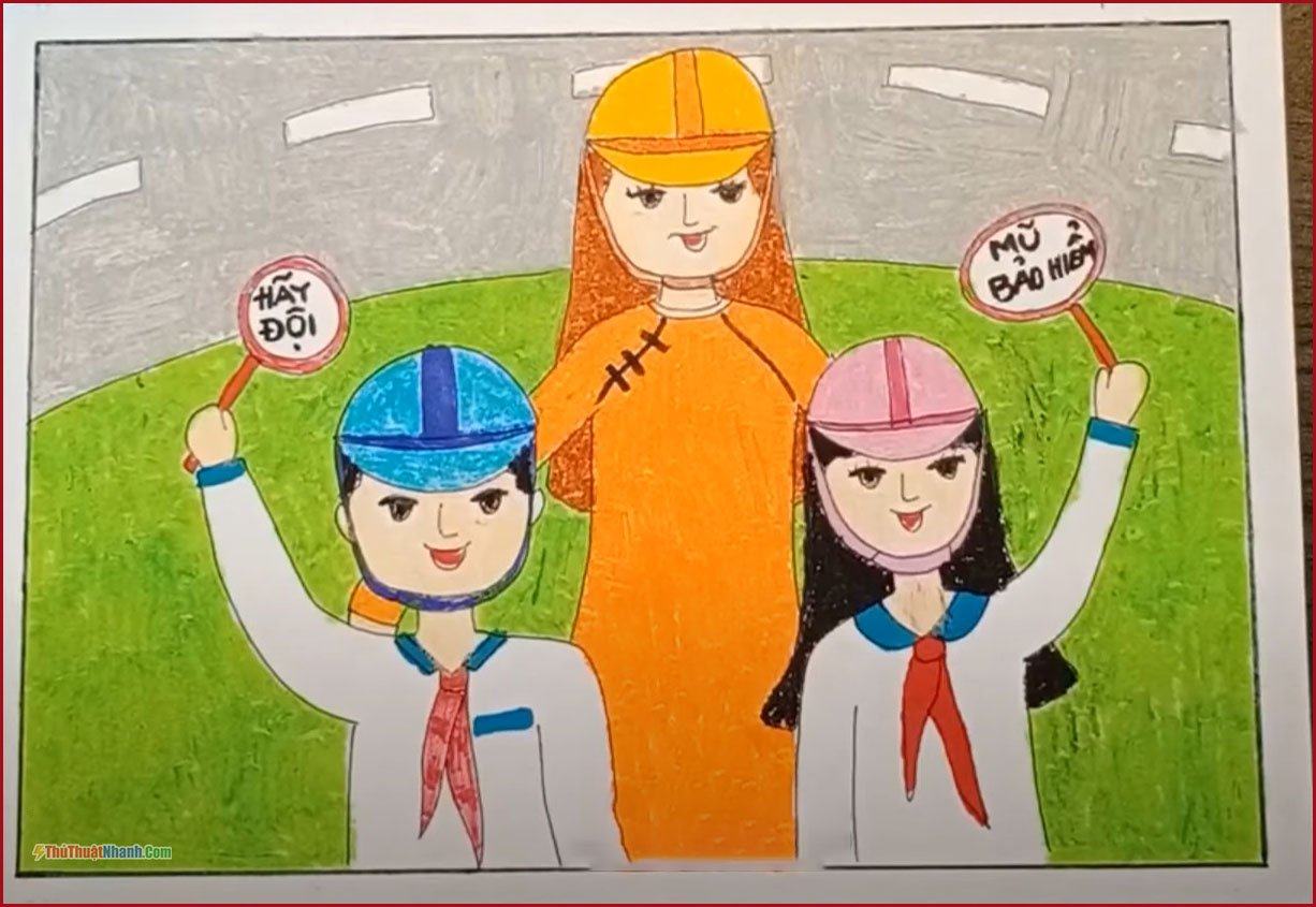 vẽ tranh về đề tài đội mũ xinh bảo vệ chúng mình Đội mũ cho con trọn tình cha mẹ